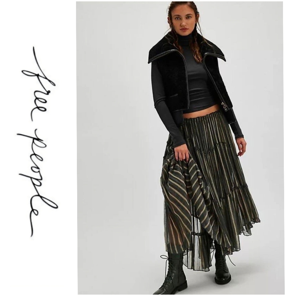 New FREE PEOPLE Fp One Storm Cloud Stripe Ember Printed Midi Skirt